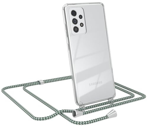 EAZY CASE Handykette kompatibel mit Galaxy A52 Handyhülle mit Umhängeband, Handykordel mit Schutzhülle, Silikonhülle, Hülle Band, Stylische Kette für Smartphones, Hell Grün Camouflage - Clips Silber