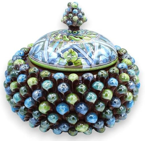 SICILIA BEDDA CAPACI Biscottiera o Portagioie Pigna in Ceramica Caltagirone, Ø 26 e h 23 cm ca. Multicolore Blu con Smalto Madreperla