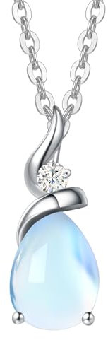 FANCIME Solide 14 Karat 585 Weiß Gold Tropfen Anhänger mit 925 Sterling Silber Kette Halskette mit Synthetisch Mondstein und echt Diamant Schmuck für Damen mit Geschenk Box - Kettenlänge: 40 + 5 cm