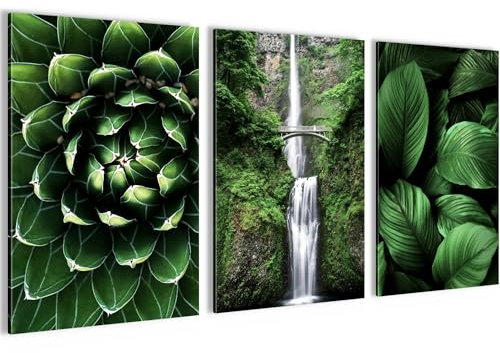 Novart Bilder Set Grüne Blätter Wasserfall - Kein Extra Rahmen benötigt - Wandbilder für Wohnzimmer Schlafzimmer - 3 Teilig Deko Pflanze Natur - N004036a