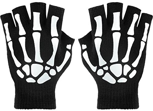 Boyiee 3 Paar Skeletthandschuhe Fingerlose Knochen Handschuhe Leuchten im Dunkeln Gestrickte Mechaniker Winter Gloves für Erwachsene Halloween Kostüm