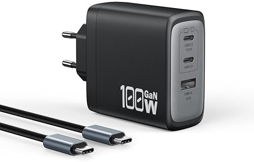 OUFUYU Cargador USB C 100W GaN 3 Puertos, Cargador Rápido, Adaptador para MacBook Pro/Air, Google Pixelbook, Think Pad, DELL XPS, iPad, iPhone 16/15/14, Samsung S24/23, Tableta, con cable 1,8 m, Negro
