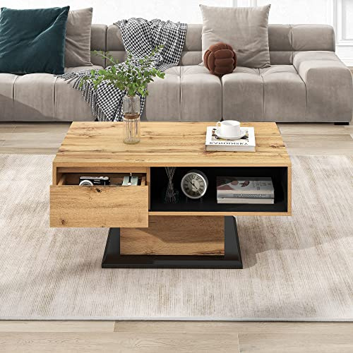 Couchtisch aus Holzmaserung, mit Eine grifflose Schublade, doppelseitiger Stauraum, EIN Staufach und Heckstaufach, Büro, Wohnzimmer-Sofatisch, großer Stauraum. (Eiche + Anthrazit)