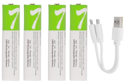 Piles AAA Rechargeables Intelligentes 4 Pièces Piles Rechargeables USB Indicateur de Charge LED Grande capacité et Piles au Lithium AAA Rechargeables Efficaces Blanc Verdâtre