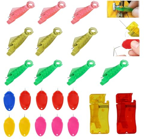 22Pcs Sewing Machine Needle Threader Set, Automatic Hand Sewing Tools | Fish Thumb Shape Plastic Metal Tool, 10 Plus 10 Plus 2 Pieces Random Colours, Ideal Hand Embroidery DIY Accessories Gift