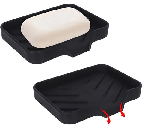 Nicola 2pcs Silicone Soap Dishes, Black Draining Soap Dish, Anti-Slip Silicone Soap Dish Holder, Small Soap Dish Tray with Drainage for Sink, Kitchen, Bathroom Counter Top (Black)