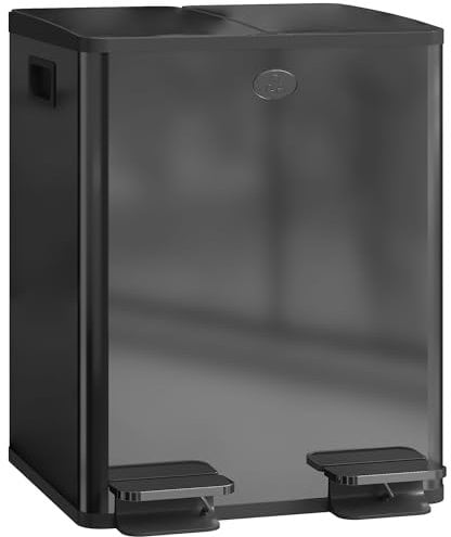 HOMCOM Dual Kitchen Bin, 2 x 20L Stainless Steel Double Rubbish Bin with Soft Close Lid, Removable Inner Buckets, Fingerprint-Proof for Recycling and Waste, Black