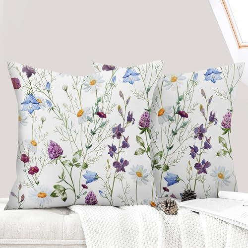 ECZOIL 2er Set Kissenbezug für 45x45 cm, Bunt Pflanzen Blumen Muster Kopfkissenbezug mit Reißverschluss, für Wohnzimmer Sofa Schlafzimmer-Lila Gänseblümchen
