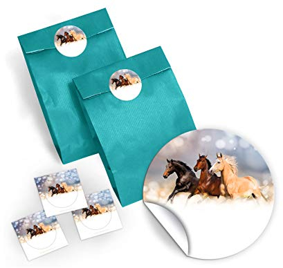 12 Geschenktüten/blau + 12 Aufkleber drei Pferde für Gastgeschenke Mitgebsel beim Kindergeburtstag Mädchen