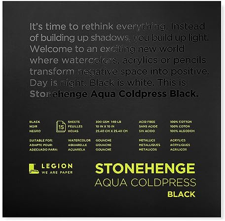 Legion Stonehenge Aqua Watercolor Pad, 140lb, Cold Press, 10 by 10 Inches, Black Paper, 15 Sheets (L21-SQC140BK1010)