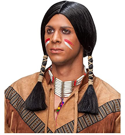 PAPSTAR NEU Perücke Herren Indianer mit Zwei gefochtenen Zöpfen, schwarz - mit Haarnetz