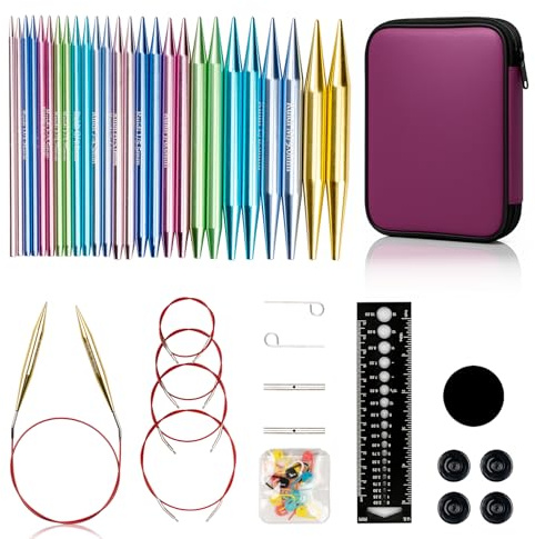 Ruidi Interchangeable Aluminum Circular Knitting Needles Set - 13 Pairs of 4 Inch (10cm) Needles with 4 Cables, Needle Holders & Leather Bag - Perfect for Smooth Knitting & Versatile Projects