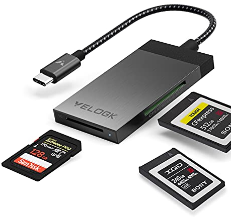 VELOGK 3-in-1 CFexpress/XQD/SD Card Reader USB C, Dual-Slot USB 3.2(10Gbps) CFexpress Type B Card Reader Adapter compatible with Android/Windows/Mac OS/Linux, with Brushed Aluminum Case&Portable Pouch