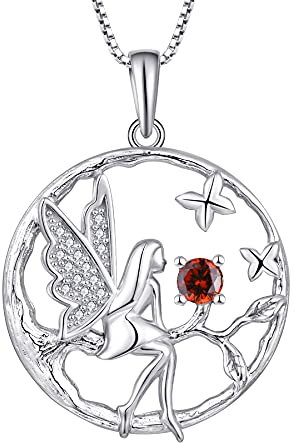 FJ Schutzengel Halskette Anhänger 925 Sterling Silber Engel Kette Damen Fee Schmetterling Baum des Lebens Halskette Granat Januar Geburtsstein Kette Schmuck Geschenke für Frauen Mädchen
