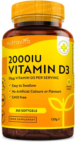 Vitamine D 2000 UI (50μg) - 365 VIT D Softgel Capsules - pour le maintien d'un système immunitaire, de muscles, d'os et de dents sains - Vitamine D3 cholécalciférol - Nutravita