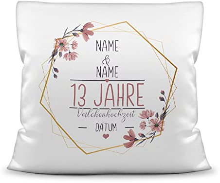 Tassendruck Kissen Hochzeitstag Veilchen Hochzeit - mit Name & Datum selbst gestalten - 13 Jahre Ehe, Geschenk Hochzeit, Jubiläum, Jahrestag - Kissen Polyester Weiß, 40x40 cm I Personalisiert