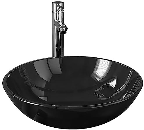 Other Brand vidaXL Lavabo y Grifo Tapón Pulsador Cuarto de Baño Aseo Inodoro Tocador Lavamanos Decoración Adorno Duradero Cristal Templado Negro