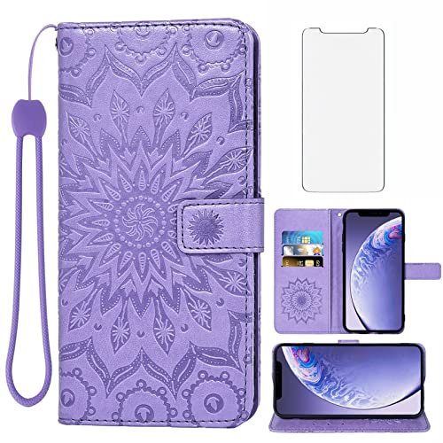 Phone Case for iPhone 11 6.1 Wallet Cases with Tempered Glass Screen Protector and Leather Flip Cover Card Holder Stand Cell Accessories iphone11case iPhone11 i Phone11 XI 11R Women Purple