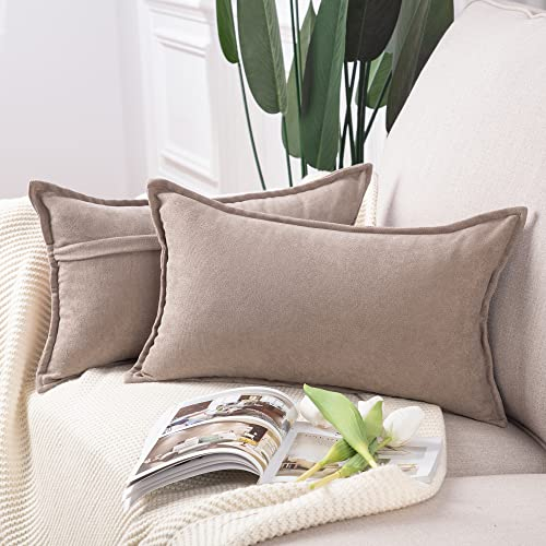 Madizz 2er Set kurzen Chenille Zierkissenbezüge weicher dekorativer Kissenbezug für Sofa, Schlafzimmer Kissenhülle Helltaupe 30x50 cm Rechteckig