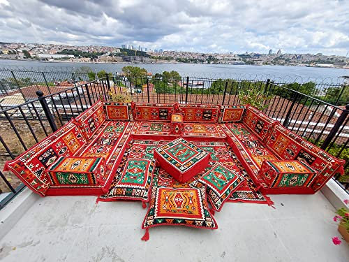 Corner Floor Sofa Seating Set, U Shaped Arabic Sofa Set, Oriental Floor Seating, Floor Cushions, Living Room Sectionals, Arabic Majlis Jalsa (U Sofas + Rug)