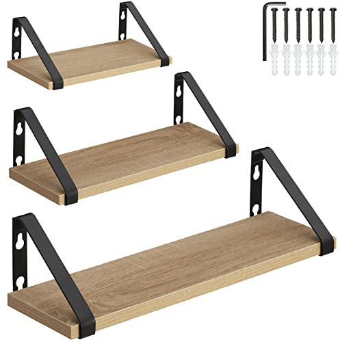 tectake® Industrial Wandregal Holz, 3X Regal Wand Set, Schweberegal, Regale 30/35/40 cm, Hängeregal, für Deko Wohnzimmer, Schlafzimmer, Küchenregal Wand, Büro, Industrial Holz hell, Eiche Sonoma