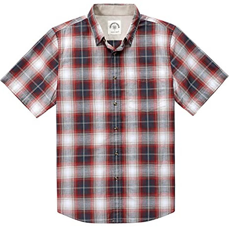 Dubinik® Mens Short Sleeve Button Down Shirts 100% Cotton Plaid Men's Casual Button-Down Shirts with Pocket Red Black