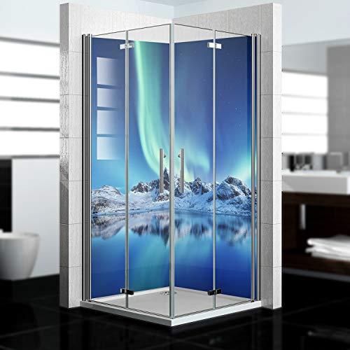 dedeco Eck-Duschrückwand wasserfest Motiv: Polarlicht V2, UV-Lack matt, 2 x 80x210 cm, als Badrückwand zum Fliesenersatz, als Dekorwand, Wandverkleidung und Duschplatte aus Aluminium - Made in Germany
