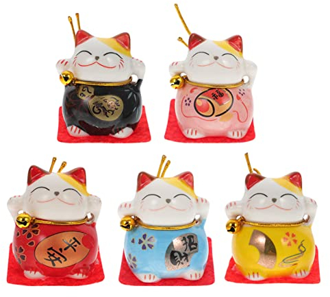 LIFKOME 5 Pezzi Figure Giapponesi di Gatto Fortunato di Maneki Neko Statue Anniamal Carine Sculture di Gattino Topper Interni Decorazioni per Tavola da Tavolo da Ufficio a Casa