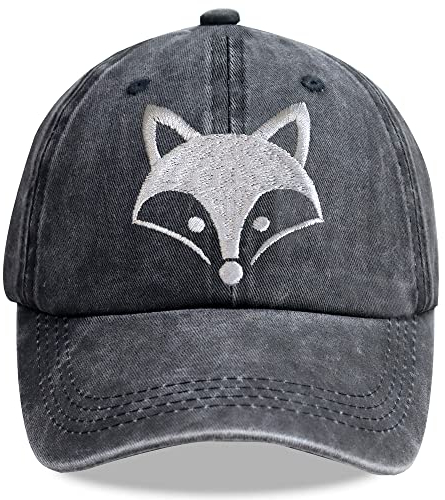 Animal Fox Head Hat, Verstellbare gewaschene Baumwolle 3D bestickte Baseballkappe für Wildtiere Tier Fuchsliebhaber, Fuchs bestickt schwarz, Einheitsgröße