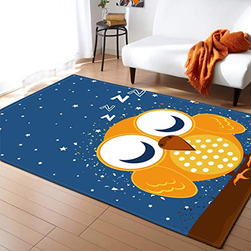 Chickwin Blau Teppich Wohnzimmer Outdoor, Weiche Antirutschunterlage Kurzflor Moderne Teppiche für Schlafzimmer Kinderzimmer Küche Terrasse Schlafzimmer-Mond Muster (40x60cm,Eule)