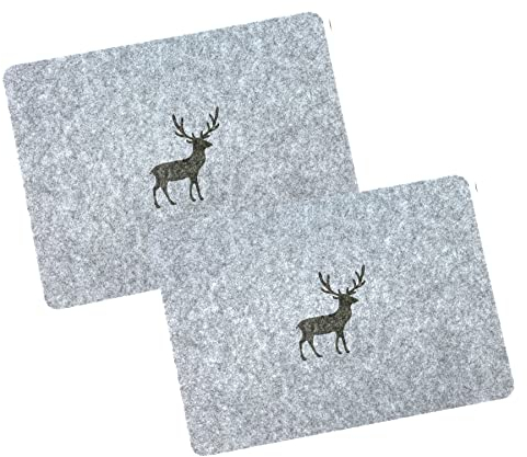 heimtexland ® Tischdeko Filz Tischset abwaschbar Untersetzer Landhaus Tischdekoration Platzset 35x45 Typ847 Hellgrau - Hirsch Tischset 2er Pack