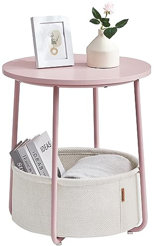 VASAGLE Petite table d'appoint ronde, table de chevet moderne avec panier en tissu, rose gelé et blanc crème ULET223R61
