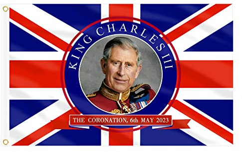 AhfuLife King Charles III Union Jack Krönung Souvenir Flagge, Großbritannien Flaggen – doppelseitiger Druck mit Messingösen für König Krönung Straße Party Dekorationen (1 Stück)