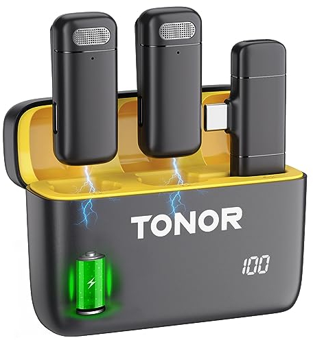 Dual Wireless Lavalier Microphones for Android Phone, TONOR Lapel Mini Microphone System with Charging Case, Clip On Lav Cordless Mic for Video Recording, Live Stream, Vlog Podcast TikTok Type C TL350