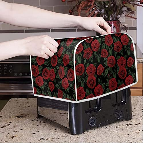 Poceacles Toaster Cover 4 Slice Kitchen Appliance Cover Polyester Quilted Toaster Dust Proof Cover Fingerprint Protector, Red Rose Pattern Pattern, M