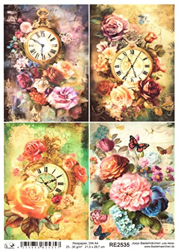 Josys Bastelmärchen Reispapier A4 Strohseide Decoupage Vintage Rosen Blumen Uhr RE2535