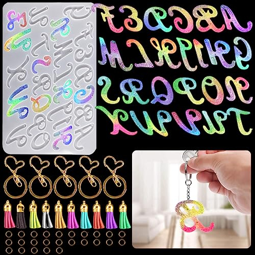 Voyyphixa 66 Pezzi Kit di Stampo Resina Epossidica Alfabeto Stampi in Silicone per Lettere Dell'alfabeto in Resina Stampi per Colata di Resina per Gioielli Pendente Orecchini Collana (Mold A)