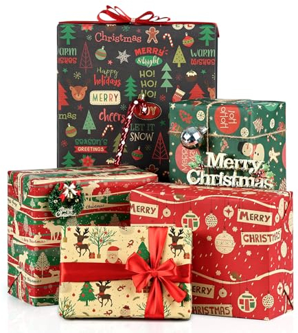 BBLIKE Weihnachtspapier Geschenkpapier, 5 Pcs Geschenkpapier 70 * 50 cm Geschenkpapier Geburtstag Nachhaltiges Weihnachtspapier für Geburtstag,Ostern,Weihnachten,Schulanfang (Kraftpapier Weihnachten)
