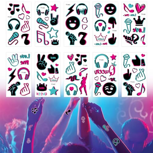 Temporary Tattoos Glow In Dark Absorb Enough Light,10 Sheet Waterproof Flash Neon Music Face Tattoos Stickers UV Blacklight Rave Festival Party Fake Tattoos Neon Accessories for Women Girls