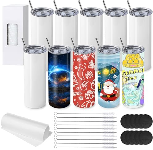 10 Pack Sublimation Tumblers Bulk, 20 oz White Skinny Straight Cups for Heat Press, Stainless Steel Double Wall Insulated Tumbler with Lids, Metal Straws, Shrink Wrap, Cleaning Brush, Individually Box
