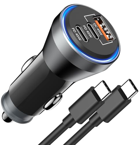 Chargeur Allume Cigare USB C Rapide 90W, 3Port PD&QC3.0 Chargeur Voiture USB C Adaptateur Prise Allume Cigare USB C Chargeur Telephone Voiture avec Câble pour Samsung Galaxy S23 S22,iPhone 15 Pro Max