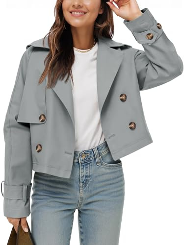 Tankaneo Womens Cropped Trench Coat Lapel Double Breasted Short Jacket Outwear