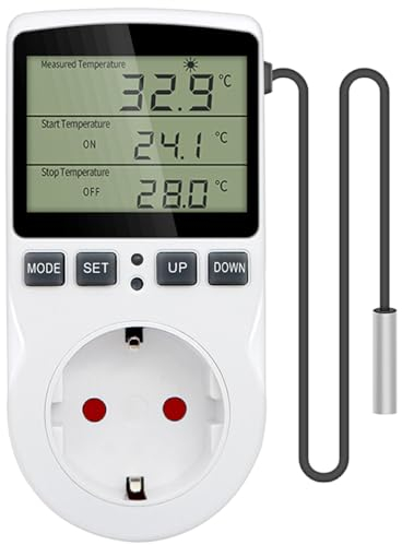 Greluma 1PC Presa per regolatore di temperatura digitale AC 230V con sonda sensore,presa per termostato per riscaldamento e raffreddamento con timer,interruttore termostato con display a LED per serra