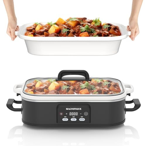 4 Quart Slow Cooker Programmable Casserole with Ceramic Baking Dish, Perfect for Kitchen, Small Appliance for Family Dinners, Oven Safe and Durable for Lasagna, Roasts