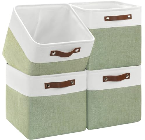Patvingot Faltbare Stoff-Aufbewahrungswürfel, 27,9 x 27,9 cm, stabile Würfel-Organizer mit Ledergriffen, Aufbewahrungskörbe für Schrankregale und Heimorganisation (weiß/grün), 4 Stück
