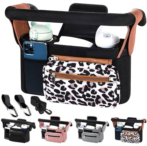 Tyuodna Kinderwagen Organizer Universal,Buggy Tasche mit 2 Isolierten Getränkehaltern, Große Kapazität & Abnehmbarer Schultergurt, Rutschfeste Haken für Kinderwagen/Buggy (Leopardenmuster)