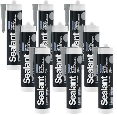 Hemway - Construction All-In-One Hybrid Polymer Sealant & Adhesive - Light Grey | Anti-Mould, Waterproof & Paintable | 300 ml (9 Pack)
