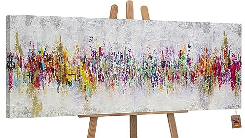 YS-Art Abstrakt Acryl Gemälde auf Leinwand handgemalt Abstraktion II Wandbilder Wohnzimmer moderne farbenfrohe Skyline Wohndekor Bilder echte Kunst 120x40 cm