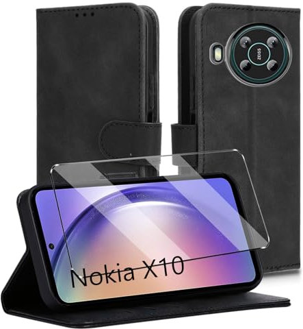 HuiYouMY 2-in-1 Case Compatible with Nokia X10 Leather Phone Case, Wallet Case Cover [Card Slots] [Kickstand] Magnetic Closure Full Protection Book Folio Design wallet flip phone case - Black