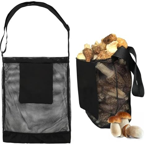 Netzbeutel-Erntetasche, Pilz Jagdtasche, Pilz Sammeltasche, Zusammenklappbarer Pilzkorb Mit Verstellbarem Schultergurt Für Die Obsternte Im Garten，Camping，Wandern，Großem Fassungsvermögen（‎Schwarz） ﻿ ﻿
